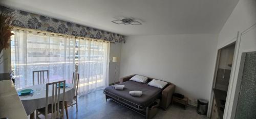 un salon avec un canapé, une table et une fenêtre dans l'établissement Magnifique studio Juan les pins-plage à pied, à Antibes