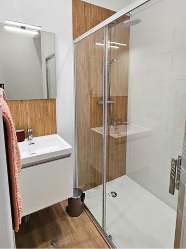 une salle de bain avec une douche en verre et un lavabo dans l'établissement Appartement Le Bali, charmant et paisible !, à Cholet