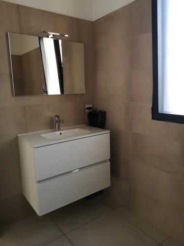 a bathroom with a white sink and a mirror at Magnifique T2 neuf à 100 m de la plage d'agosta in Albitreccia