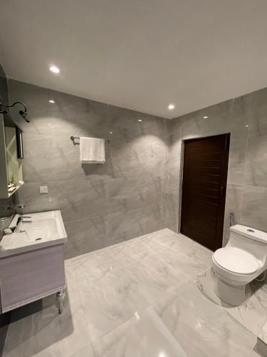 a bathroom with a toilet and a sink at Hamdan Hotel and Resort in Murree