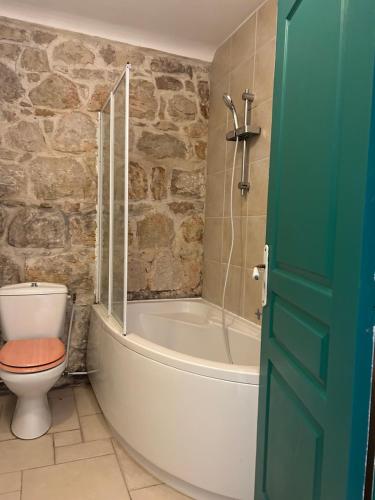 une salle de bain avec une baignoire, des toilettes et une douche dans l'établissement T3 dans une villa près de la mer, à Nice