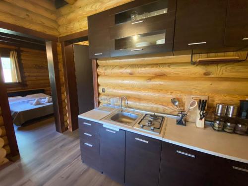 a kitchen in a log cabin with a sink at Wood house Halkidiki in Nea Fokea