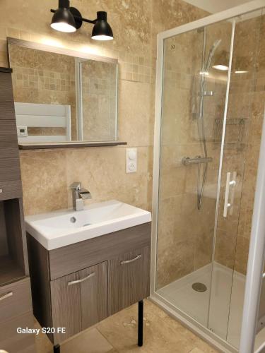 une salle de bain avec un lavabo et une douche dans l'établissement Maison charmante à Saint-Michel-l'Observatoire avec jardin, à Saint-Michel-lʼObservatoire