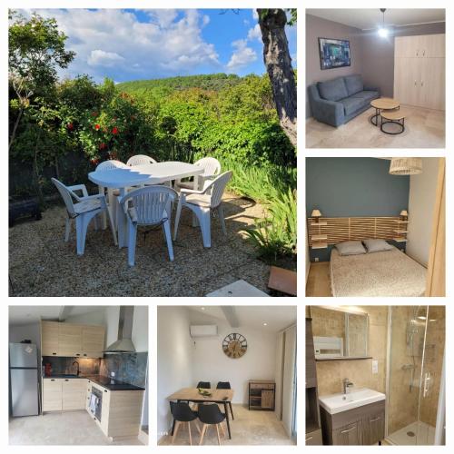 un collage de photos avec une cuisine, une table et des chaises dans l'établissement Maison charmante à Saint-Michel-l'Observatoire avec jardin, à Saint-Michel-lʼObservatoire