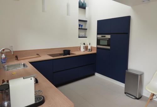 a kitchen with blue cabinets and a sink at Vakantiehuis Leukderhuisje Geulle Meerssen in Guelle