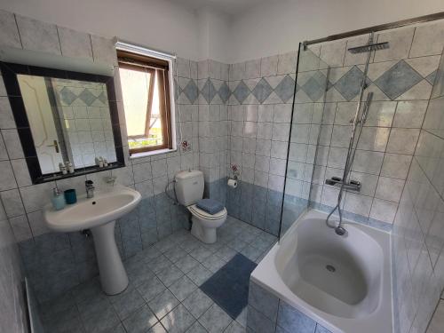 uma casa de banho com um lavatório, um WC e um chuveiro em Colourful apartments (Green Lagoon) em Argostoli