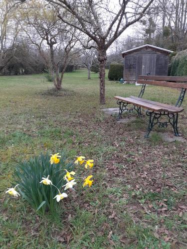 a park bench and some flowers in the grass at Gite de la plage proche de la Saône in Autet