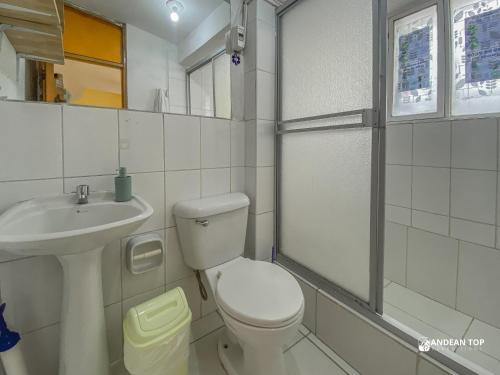 a bathroom with a toilet and a sink and a shower at The Andean Rooftop guesthouse in Cusco