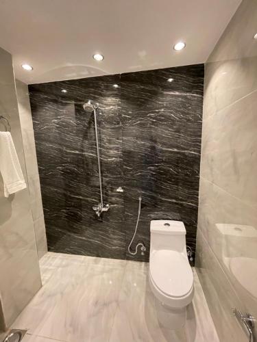 a bathroom with a toilet and a shower at Hamdan Hotel and Resort in Murree
