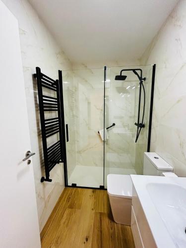 a bathroom with a shower and a toilet and a sink at Apartamentos Rurales L'Arquera in Llanes