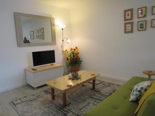 a living room with a couch and a table with a television at Quinta De Oliveiras in Beco