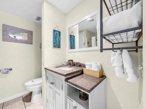 a bathroom with a sink and a toilet and a mirror at Island Hideaway steps to beach dock Bridge St in Bradenton Beach