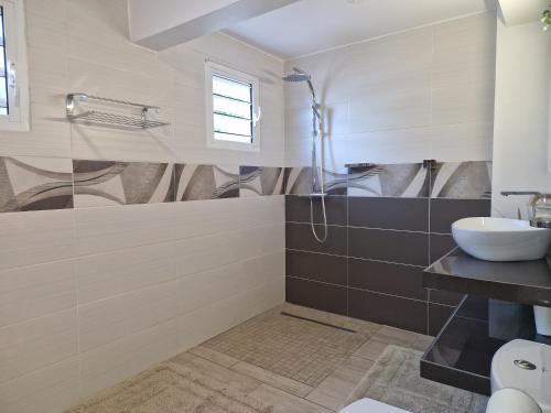 La salle de bains est pourvue d'une douche et d'un lavabo. dans l'établissement Villa Lidoam vue mer imprenable, au Vauclin