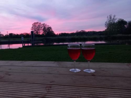 two glasses of red wine sitting on a table near a lake at Safari Lodge Aan de Linge in Tiel