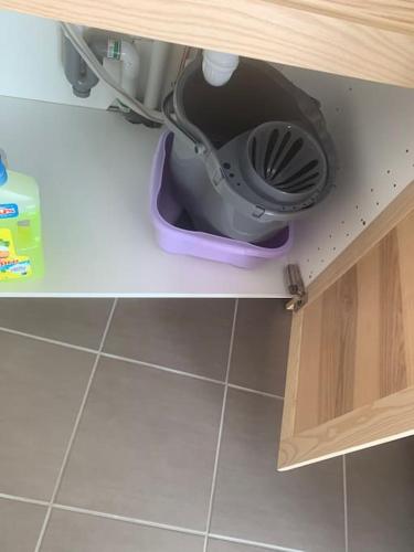 a purple toilet in a cabinet in a kitchen at Gîte du Sabotier in Saint-Bonnet-près-Orcival