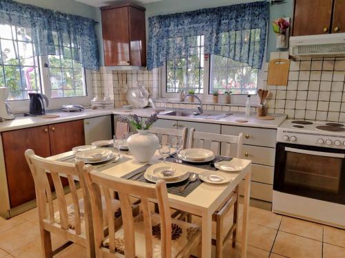 eine Küche mit einem Tisch und Stühlen sowie einem Tisch und einem Chairsktop in der Unterkunft Olyna’s Apartment N.S Preveza in Néa Sampsoús