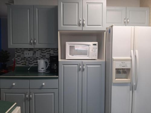 een keuken met een witte koelkast en een magnetron bij Close to center in Winnipeg
