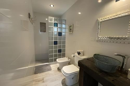 a bathroom with a toilet and a sink and a mirror at El Galpon de Solana in Puerto Madryn
