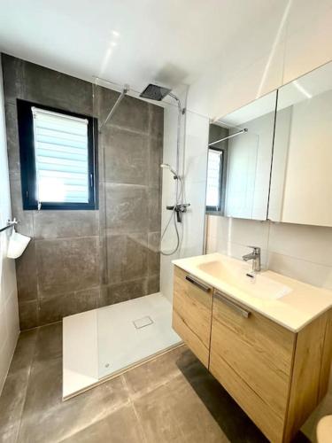 une salle de bain avec un lavabo et une douche dans l'établissement Maison moderne avec vue imprenable - 5min du lac, à Crots