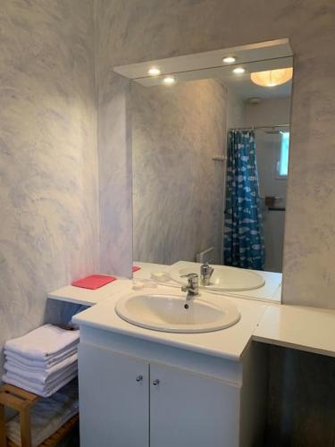 une salle de bain avec un lavabo et un miroir dans l'établissement Villa de vacances, à Carsac-de-Gurson