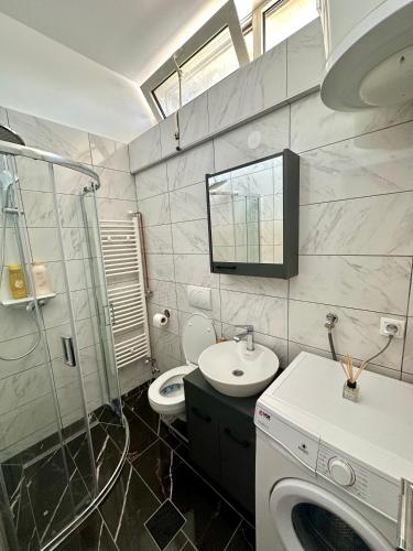 a bathroom with a sink and a washing machine at MaKi apartment in Belgrade