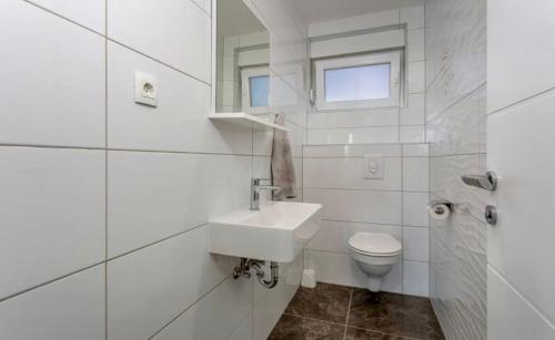 a white bathroom with a sink and a toilet at Apartman Anavi in Sveti Vid-Miholjice