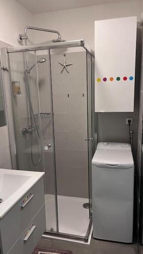une salle de bain avec douche et lavabo dans l'établissement Beau studio climatisé 4 personnes, au Grau-du-Roi