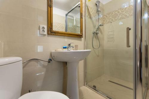 a bathroom with a toilet and a sink and a shower at Popasul de Wis in Moieciu de Jos