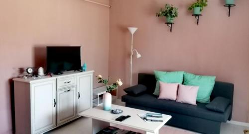 a living room with a blue couch and a tv at Dézsa-vü Vendégház in Sarud
