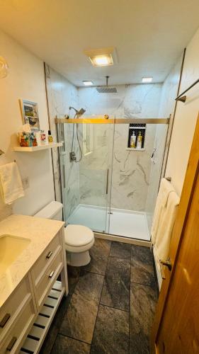 a bathroom with a shower and a toilet at Cute Ski Condo at Base of Mt Alyeska Prime Location in Anchorage