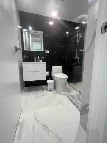 a bathroom with a toilet and a sink and a mirror at Bueno Paradise Condo In Marbella in Juan Dolio