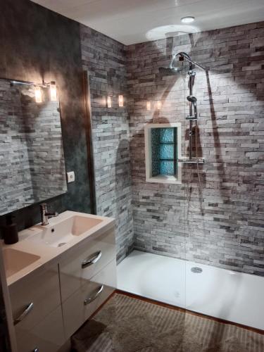 une salle de bain avec douche et lavabo dans l'établissement La grange pyratelle, à Puyravault