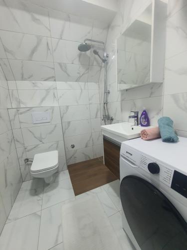 a white bathroom with a sink and a washing machine at Kucica Hrasno in Breza