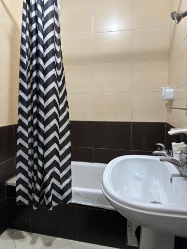 uma casa de banho com um lavatório e uma cortina de chuveiro em Marina apartment em Tânger