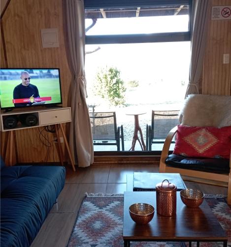 a living room with a tv and a couch at CABAÑA PARCELA VISTA HERMOSA in Puerto Aisén