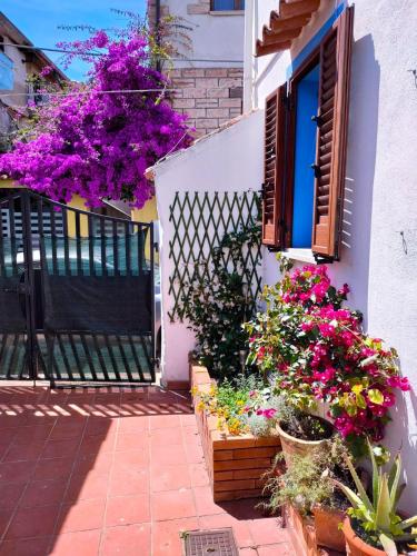 a house with flowers on the side of it at Nel Cortile della Casa di Carta, due Singole Unità in Torpè