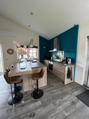 聖安娜蘭的住宿－Vakantiewoning De Krab，厨房拥有蓝色的墙壁,配有桌椅