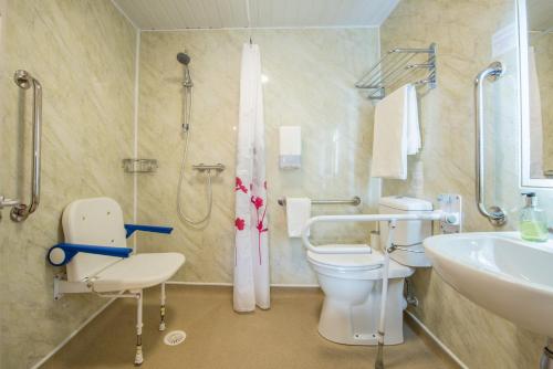 a bathroom with a shower and a toilet and a sink at The Coach House Hotel in Pembroke