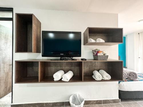 a living room with a flat screen tv on a shelf at Tierra Maravilla in Salento