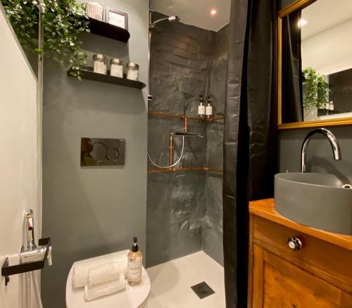 ein Bad mit einer Dusche, einem WC und einem Waschbecken in der Unterkunft L ESSENZIALE a Trieste in Triest