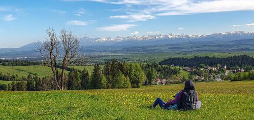a person sitting in a field of green grass with mountains at Domki Na Grapie - z widokiem na Tatry in PyzÃ³wka