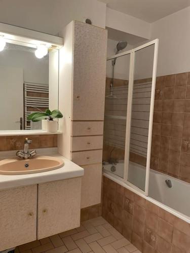 une salle de bain avec un lavabo, un miroir et une baignoire dans l'établissement Jardin, plage et commerce à 200m, à Bénodet
