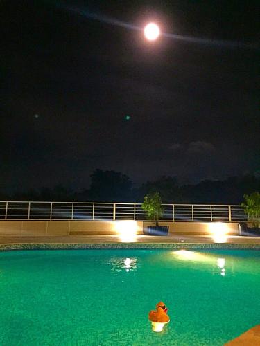 a swimming pool at night with the moon in the sky at Vista Marina Residence in Boca Chica