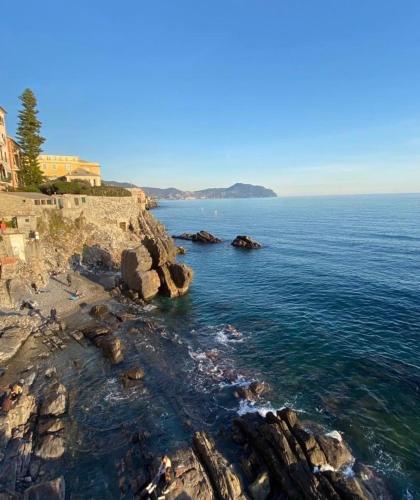 an aerial view of a rocky shoreline with the ocean at Angolo Di Mare in Genova