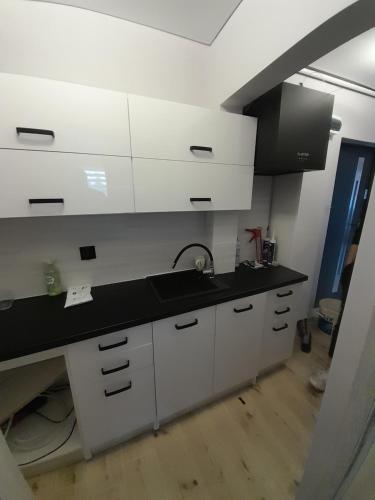 uma cozinha com armários brancos e um lavatório em Bajki em Gdansk