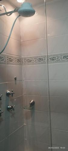 a shower with a glass door in a bathroom at Vila Santa Rosa Guest House in Ilhabela