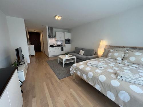 1 dormitorio con 1 cama y sala de estar en Studio au centre de Montreux, en Montreux