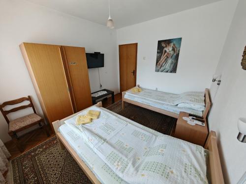 een kleine kamer met 2 bedden en een stoel bij Apartments Domaćinstvo Nikolić in Valjevo