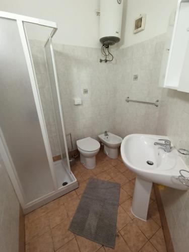 a bathroom with a shower and a sink and a toilet at Casa del Papavero in Piombino