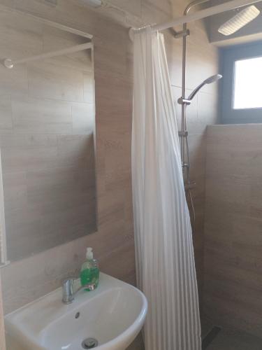 a bathroom with a sink and a shower with a shower curtain at Apartmán Dáša in Frymburk